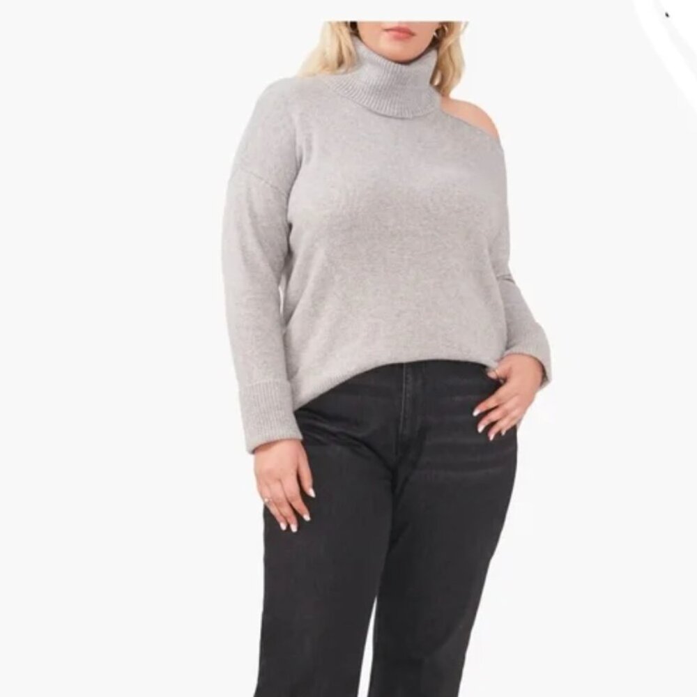 1.STATE Cold Shoulder Turtleneck Cutout Sweater Grey Size 3X Cozy Plus Size